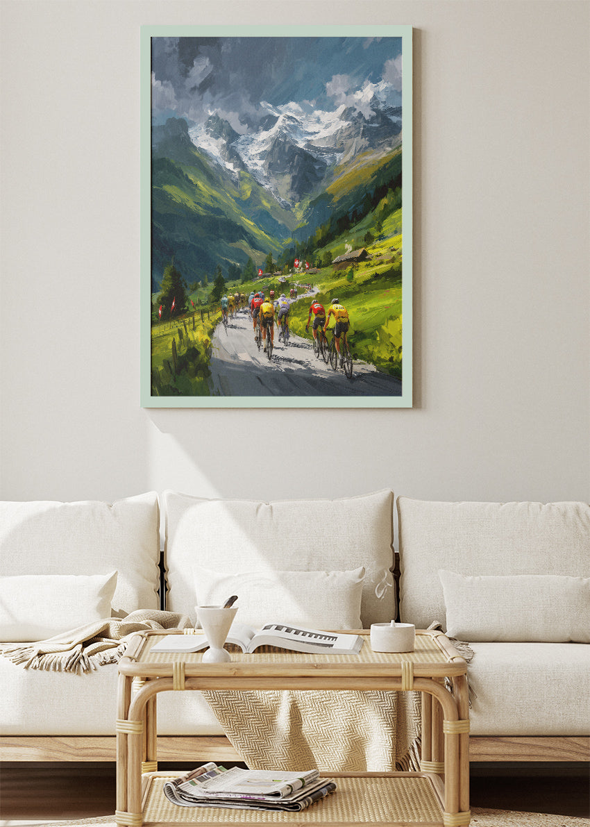 Alpine Valley Cycling Poster & Canvas Art Print – Mountain Peloton with Snow-Capped Peaks
