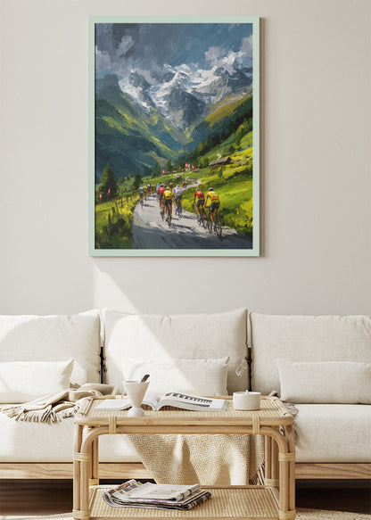 Alpine Valley Cycling Poster & Canvas Art Print – Mountain Peloton with Snow-Capped Peaks