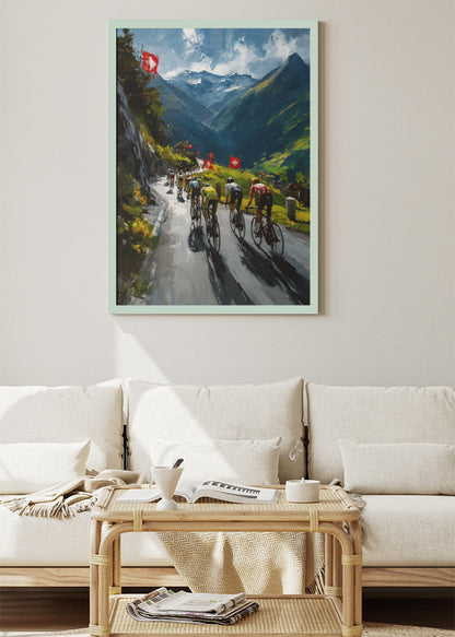 Swiss Mountain Cycling Poster & Canvas Art Print – Alpine Climb with Peloton