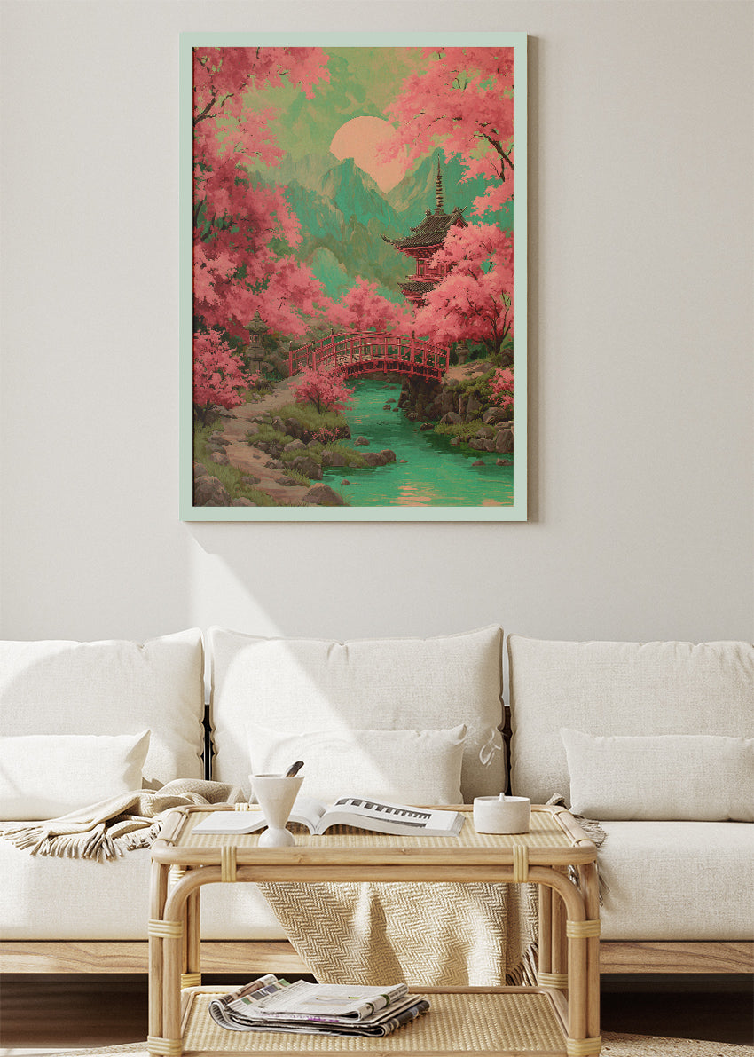 Japanese Cherry Blossom Bridge & Pagoda Landscape Canvas & Poster Print – AI PRINT LAB