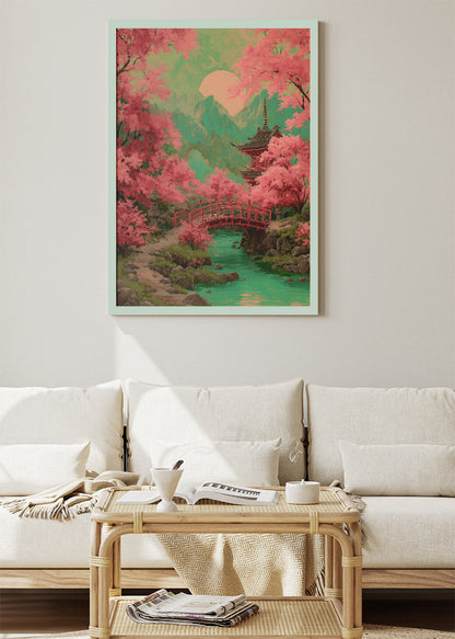 Japanese Cherry Blossom Bridge & Pagoda Landscape Canvas & Poster Print – AI PRINT LAB