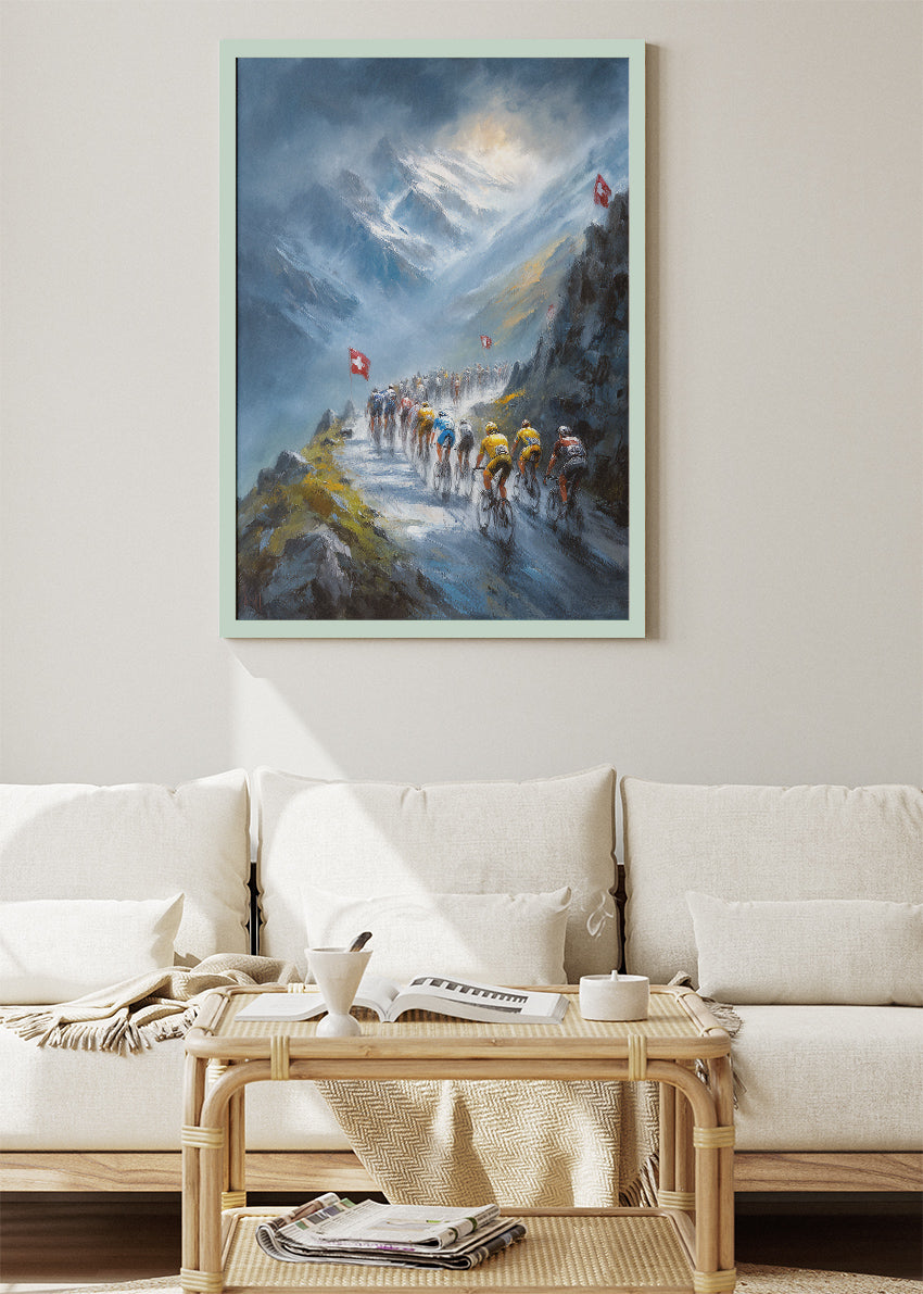 High Alpine Cycling Poster & Canvas Art Print – Snowy Mountain Ascent