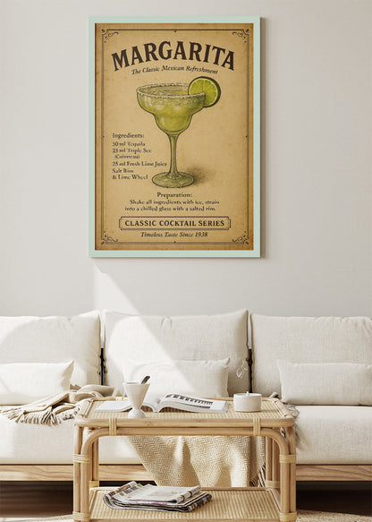 Margarita Classic Cocktail Recipe Poster & Canvas Print | Vintage Mexican Bar Wall Art