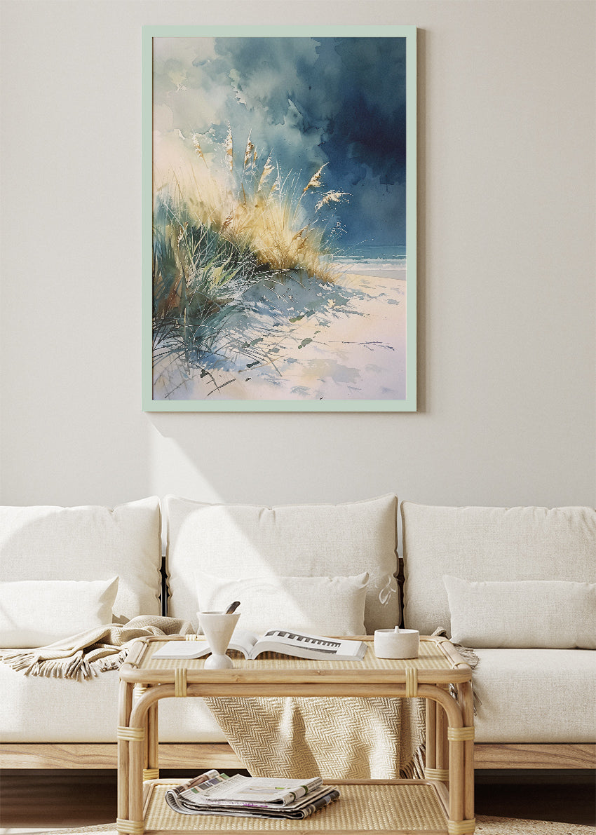 Coastal Dunes with Golden Grass – Soft Blue Seaside Watercolor Wall Art Poster & Canvas – AI PRINT LAB