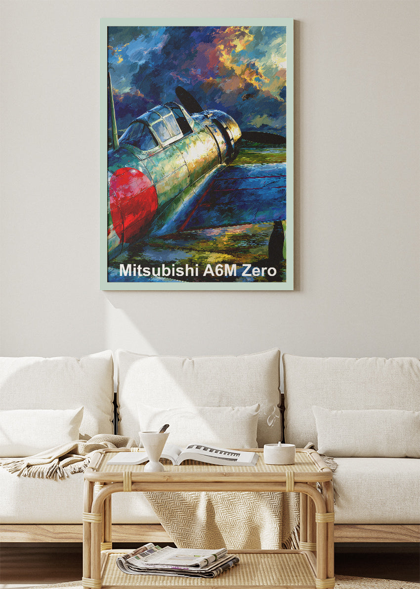 Mitsubishi A6M Zero Poster & Canvas Print – Illustrated WWII Fighter Aircraft Wall Art