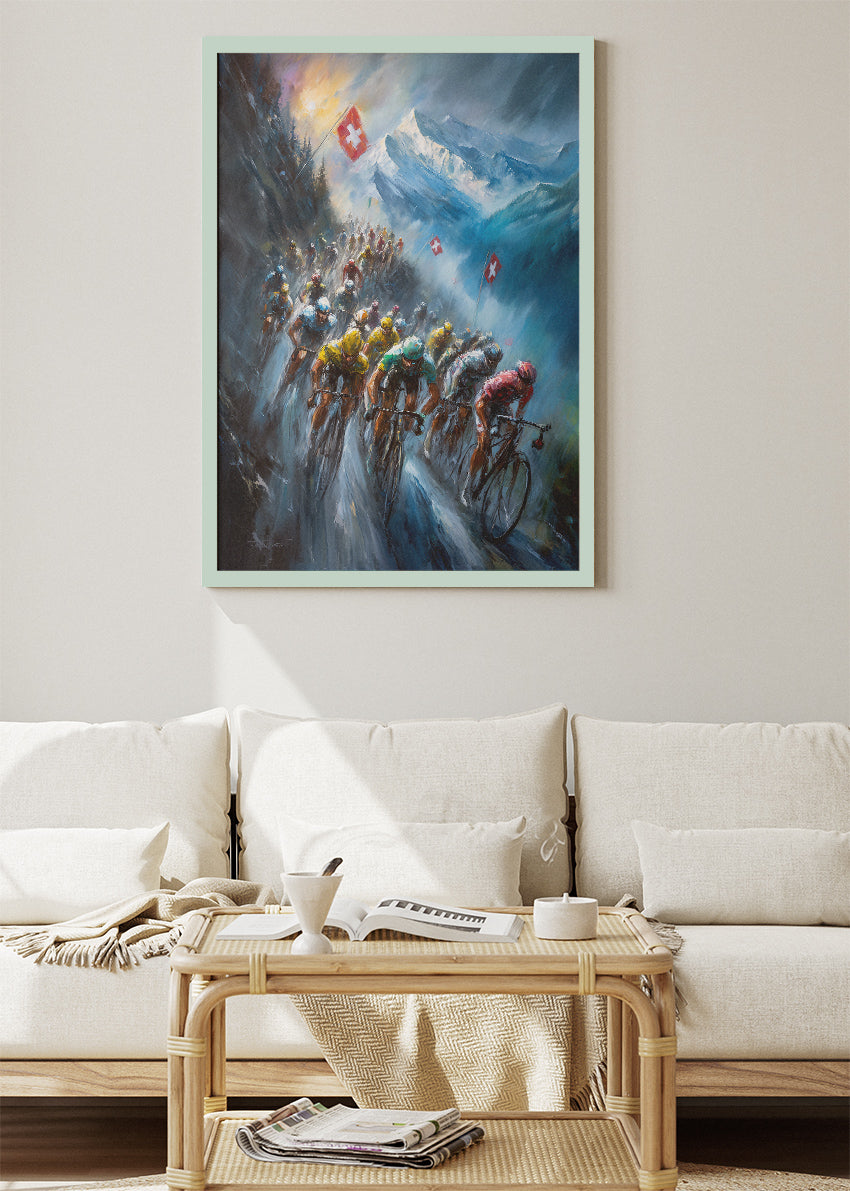 Epic Alpine Cycling Poster & Canvas Art Print – Peloton Climbing Swiss Mountain Pass