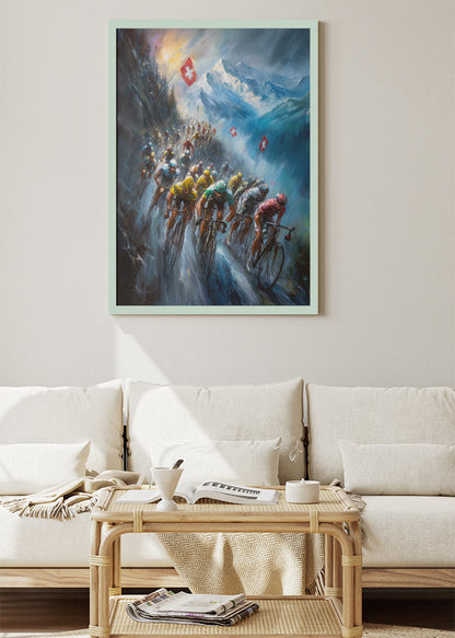 Epic Alpine Cycling Poster & Canvas Art Print – Peloton Climbing Swiss Mountain Pass