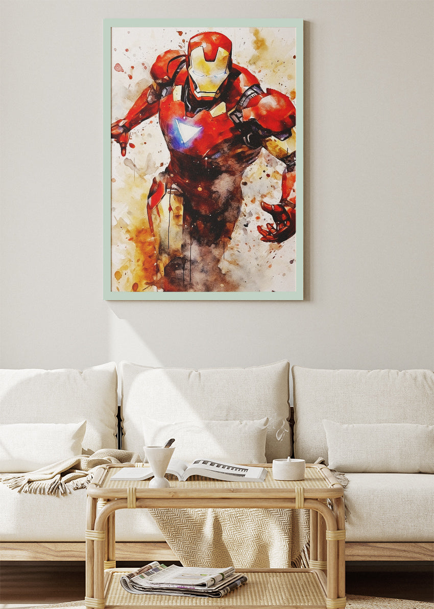 Iron Hero Watercolor Splash Portrait Canvas & Poster Print – AI PRINT LAB