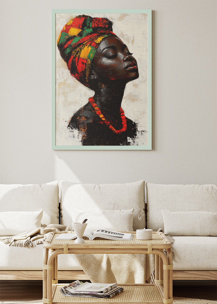 African Headwrap Woman Wall Art – Colourful Cultural Portrait Canvas Print & Modern Statement Poster for Living Room Decor UK