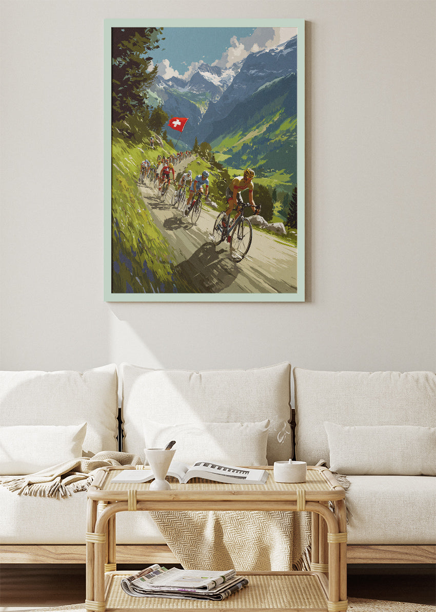Swiss Alpine Cycling Poster & Canvas Art Print – Peloton Climbing Mountain Road