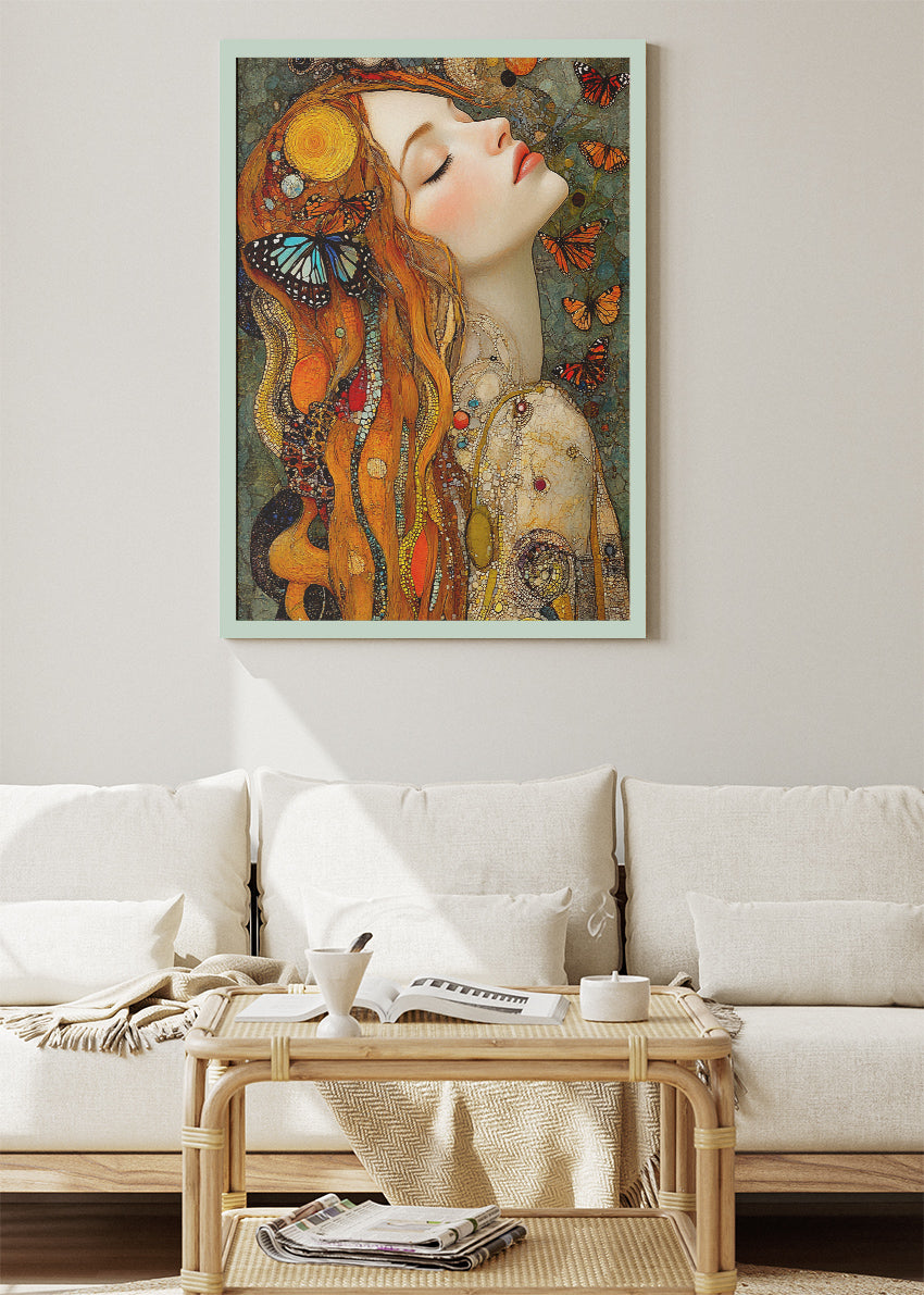 Art Nouveau Woman Wall Art – Butterfly Portrait Canvas Print & Elegant Bohemian Statement Poster for Living Room Decor UK