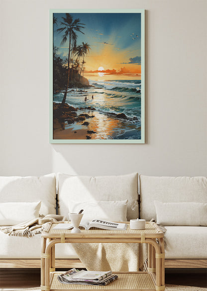Golden Hour Tropical Coast – Sunset Beach Canvas & Poster Print – AI PRINT LAB