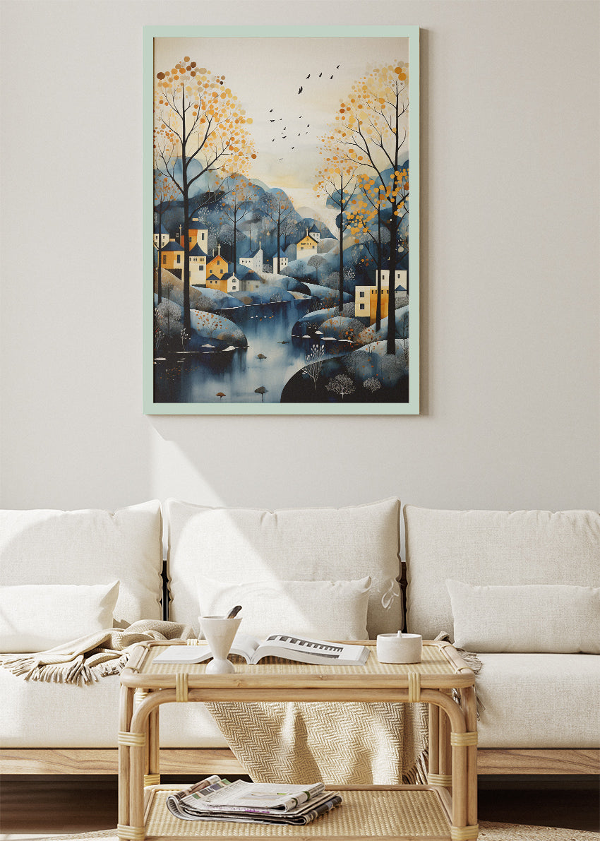 Autumn Riverside Village – Scandinavian Landscape Canvas & Poster Print – AI PRINT LAB