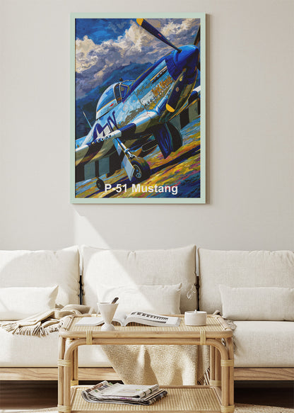 P-51 Mustang Poster & Canvas Print – Illustrated WWII Fighter Aircraft Wall Art
