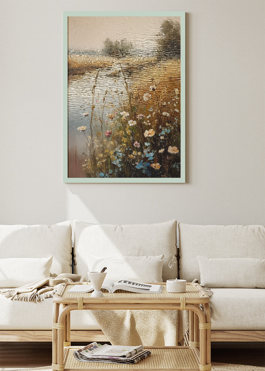 Golden Meadow River – Rustic Countryside Landscape Canvas & Poster Print – AI PRINT LAB
