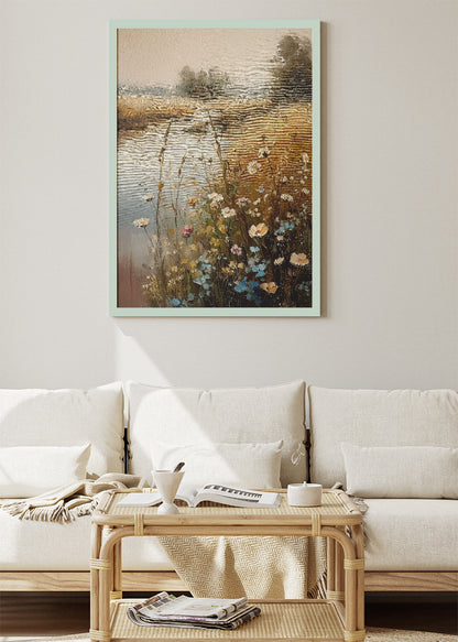 Golden Meadow River – Rustic Countryside Landscape Canvas & Poster Print – AI PRINT LAB