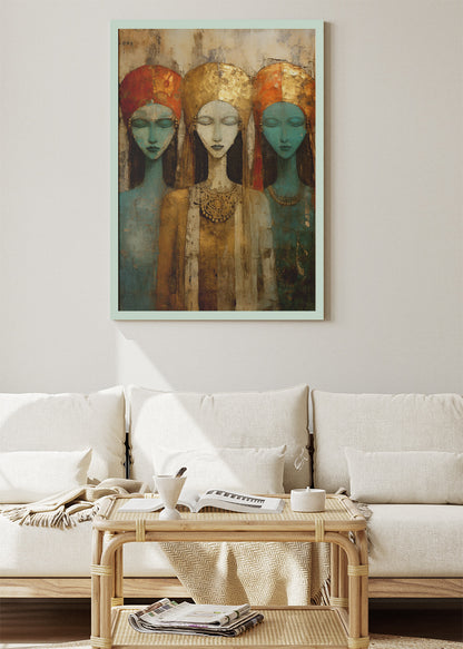 Abstract Tribal Women Wall Art – Bohemian Gold Portrait Canvas Print & Modern Ethnic Statement Poster for Living Room Decor UK