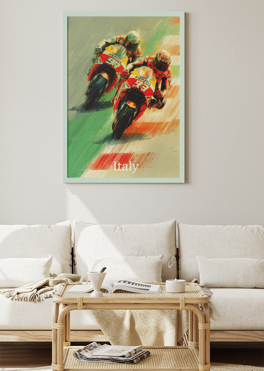 Italy Motorcycle Racing Duel Motion Wall Art Poster & Canvas