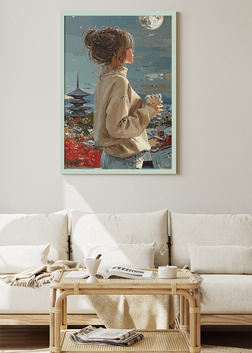 Japanese City Night Wall Art – Woman with Coffee Moonlit Landscape Canvas Print & Modern Travel Poster for Living Room Decor UK