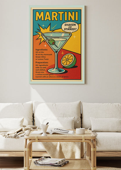 Martini Recipe Pop Art Poster & Canvas Print – Retro Shaken or Stirred Cocktail Wall Art