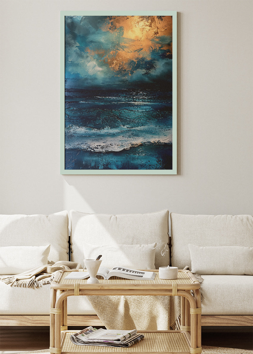 Midnight Ocean with Golden Sky – Dramatic Abstract Seascape Wall Art Poster & Canvas – AI PRINT LAB