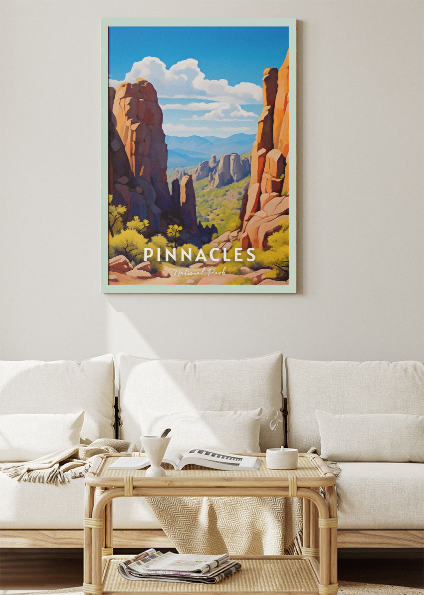 Pinnacles National Park Poster & Canvas Print – California Rock Formations Landscape Illustration Wall Art