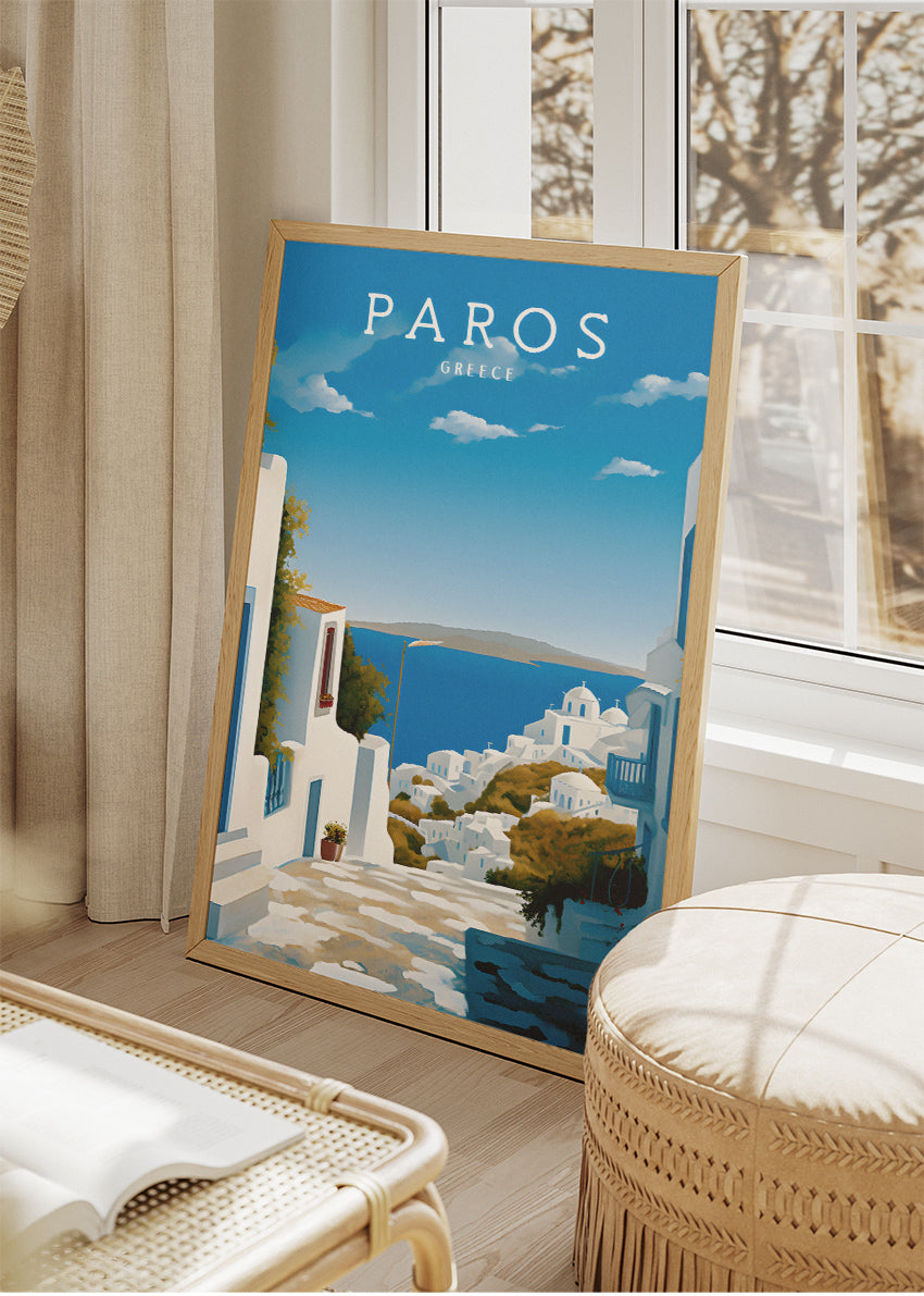 Paros Greece Coastal Village Poster & Canvas Print – Blue & White Greek Island Art