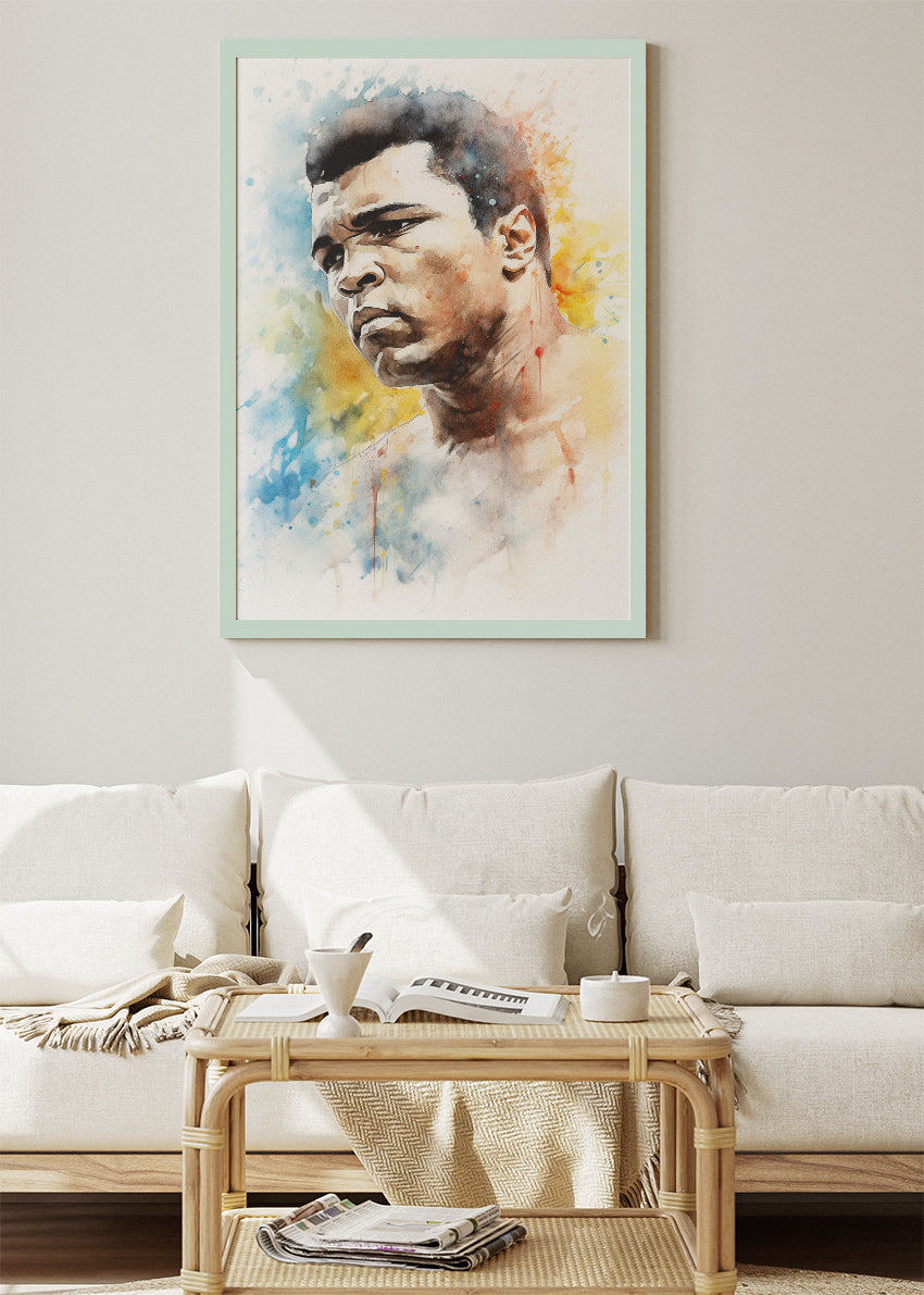 Muhammad Ali Watercolor Portrait Poster & Canvas Art Print – Iconic Boxing Legend Wall Art