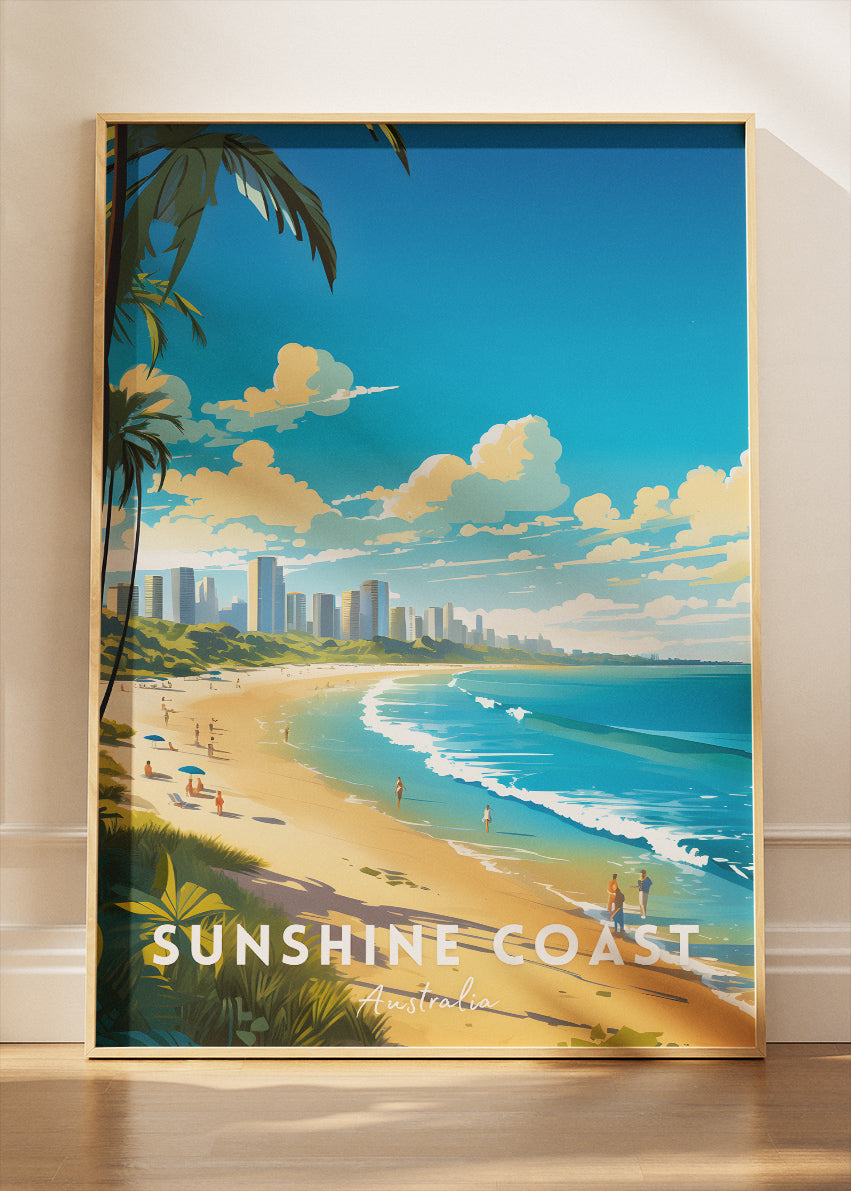 Sunshine Coast Australia Travel Poster & Canvas Wall Art – Beach Skyline Print