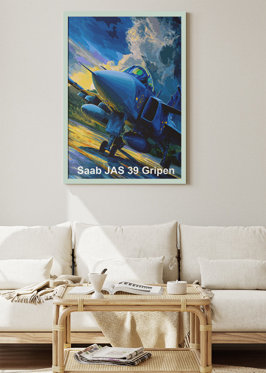 Saab JAS 39 Gripen Poster & Canvas Print – Vibrant Illustrated Fighter Jet Art