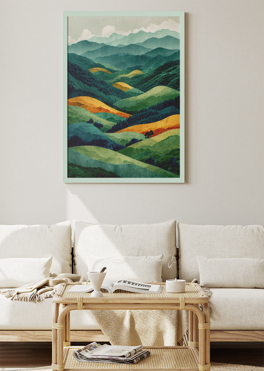 Emerald Rolling Hills – Modern Layered Mountain Landscape Canvas & Poster Print – AI PRINT LAB