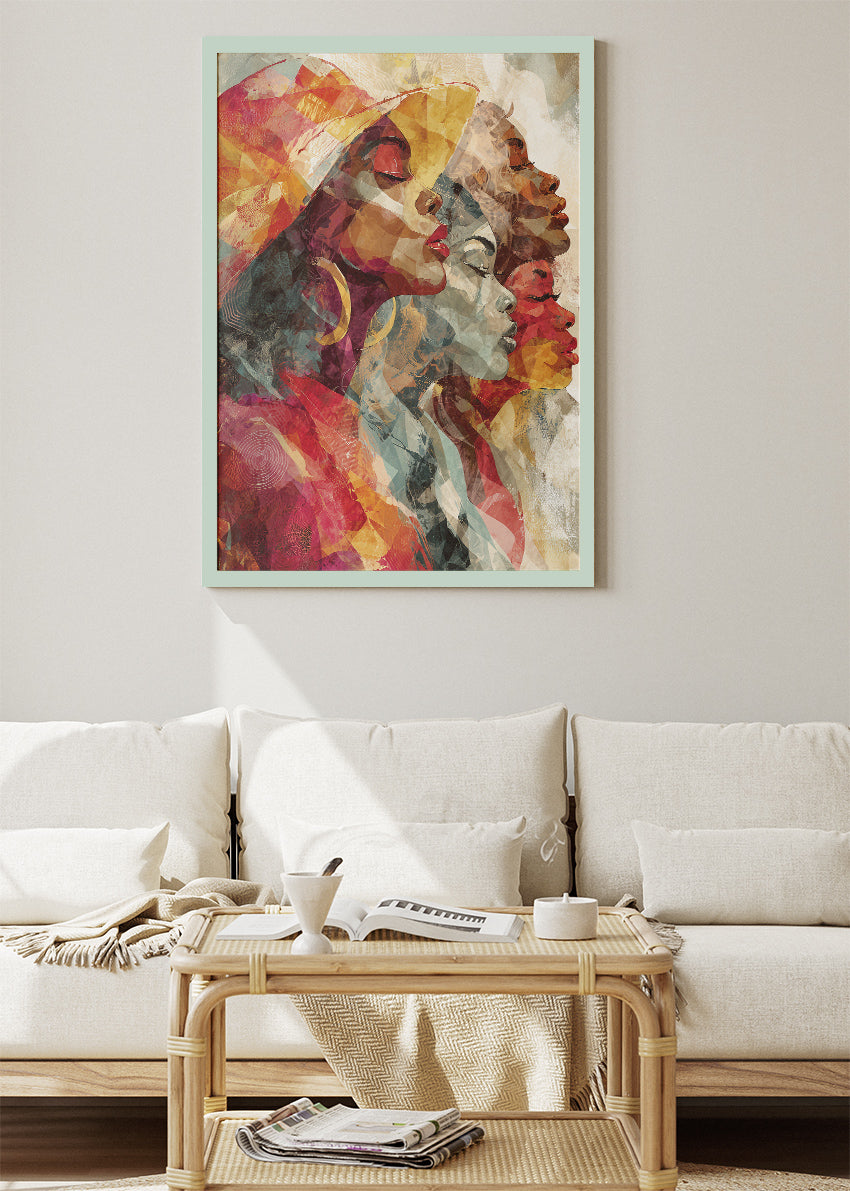 Abstract African Women Wall Art – Colourful Contemporary Portrait Canvas Print & Modern Cultural Statement Poster for Living Room Decor UK