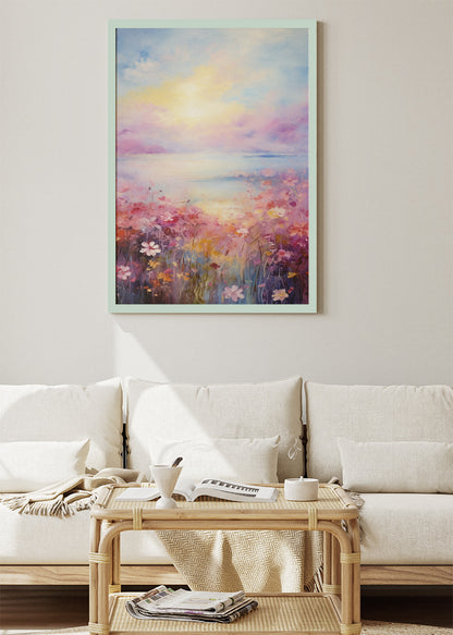 Pastel Floral Horizon – Dreamy Sunset Meadow Canvas & Poster Print – AI PRINT LAB