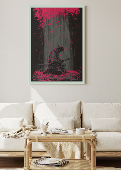 Samurai Wall Art – Dark Japanese Warrior Canvas Print & Modern Red Sakura Statement Poster for Living Room Decor UK