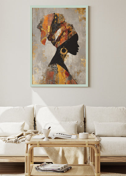 African Silhouette Wall Art – Gold and Orange Headwrap Portrait Canvas Print & Modern Cultural Statement Poster for Living Room Decor UK