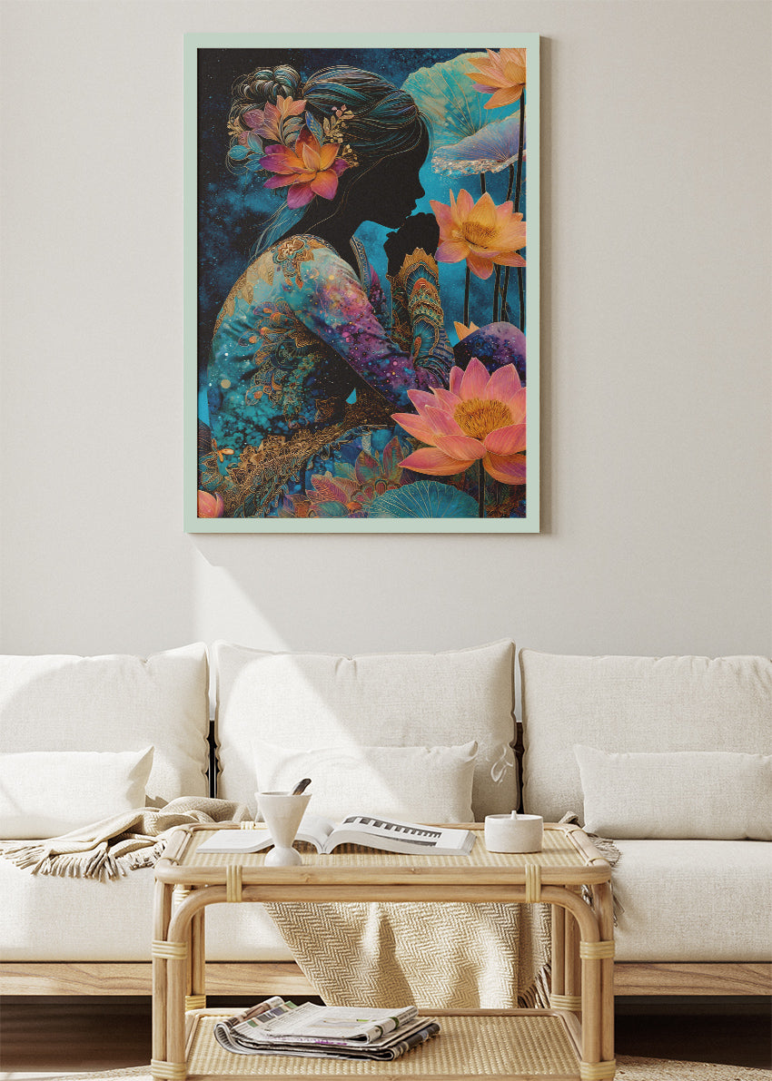Mystical Lotus Woman Wall Art – Blue and Gold Fantasy Silhouette Canvas Print & Modern Floral Statement Poster for Living Room Decor UK