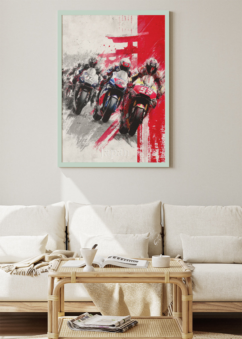 Japan Motorcycle Racing Rising Sun Wall Art Poster & Canvas