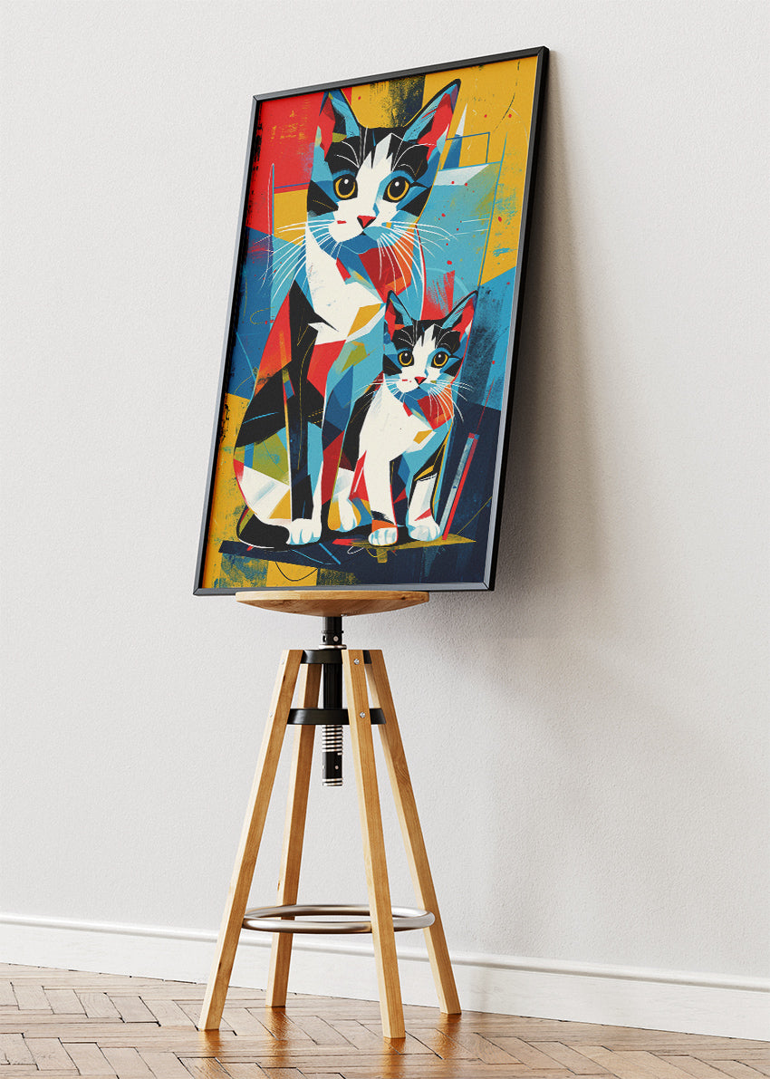 Colorful Cats Poster & Canvas Print – Modern Geometric Two Cats Wall Art