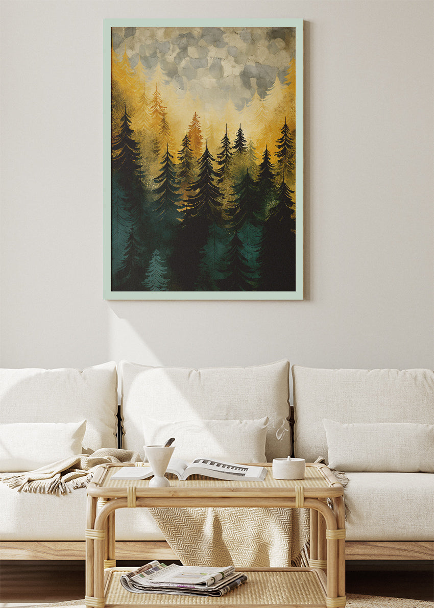 Golden Forest Mist – Modern Pine Tree Landscape Canvas & Poster Print – AI PRINT LAB