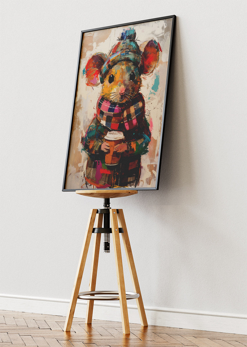 Cozy Coffee Mouse Poster & Canvas Print – Cute Winter Mouse Art in Colorful Scarf