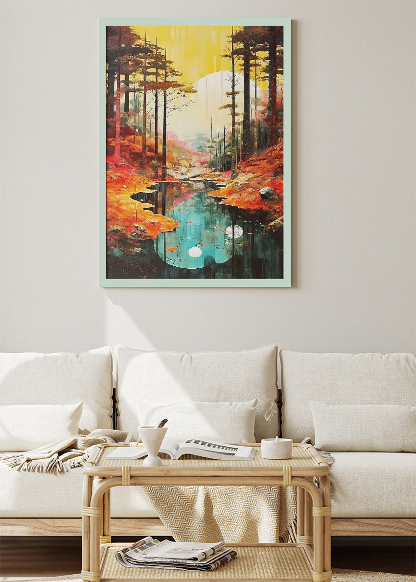 Autumn Reflection River – Modern Golden Forest Canvas & Poster Print – AI PRINT LAB