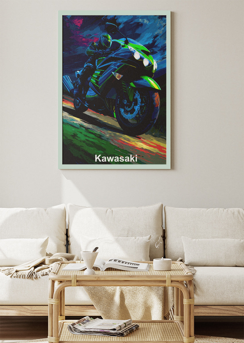 Kawasaki Night Ride Superbike Wall Art Poster & Canvas