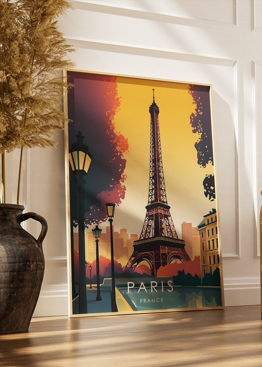 Paris France Poster & Canvas Print – Vintage Sunset Eiffel Tower Art