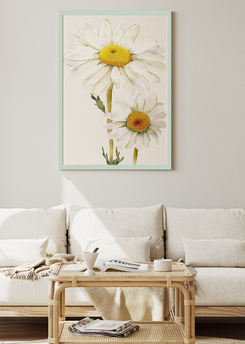 Minimal Daisy Flower Wall Art – White Botanical Canvas Print & Soft Neutral Floral Poster for Modern Living Room Decor UK