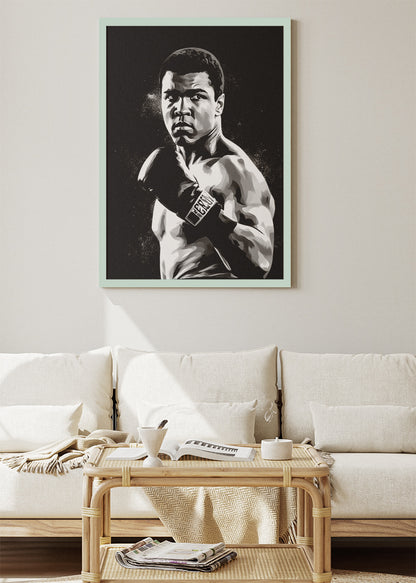 Muhammad Ali Black & White Boxing Portrait Poster & Canvas Art Print – Iconic Fight Wall Art