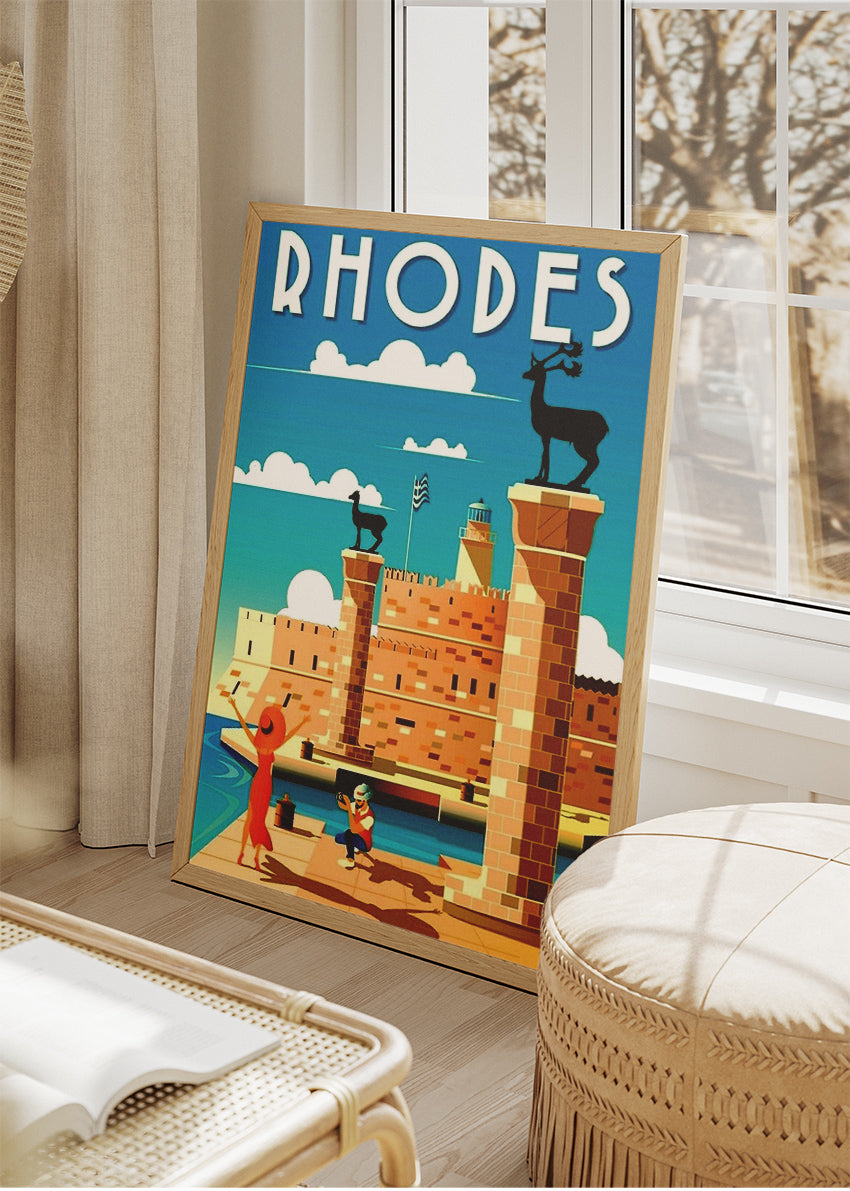 Rhodes Greece Vintage Travel Poster & Canvas Print – Mediterranean Old Town Art