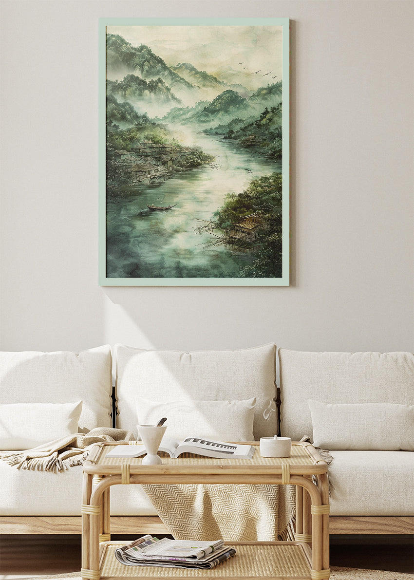 Misty Mountain River Village – Tranquil Asian Landscape Wall Art Poster & Canvas – AI PRINT LAB