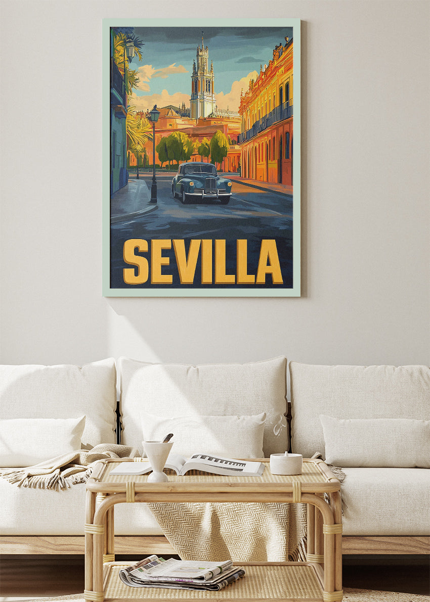 Sevilla Spain Poster & Canvas Print – Vintage Illustrated Andalusia Classic Car Art