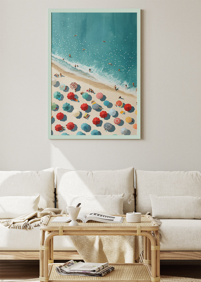 Summer Beach Aerial – Vibrant Coastal Umbrella Canvas & Poster Print – AI PRINT LAB