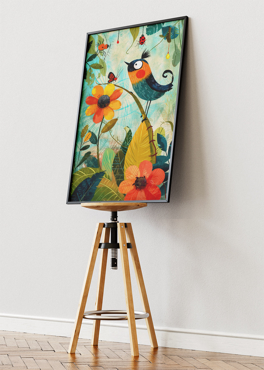 Whimsical Bird & Floral Garden Poster & Canvas Print – Colorful Nature Illustration Art